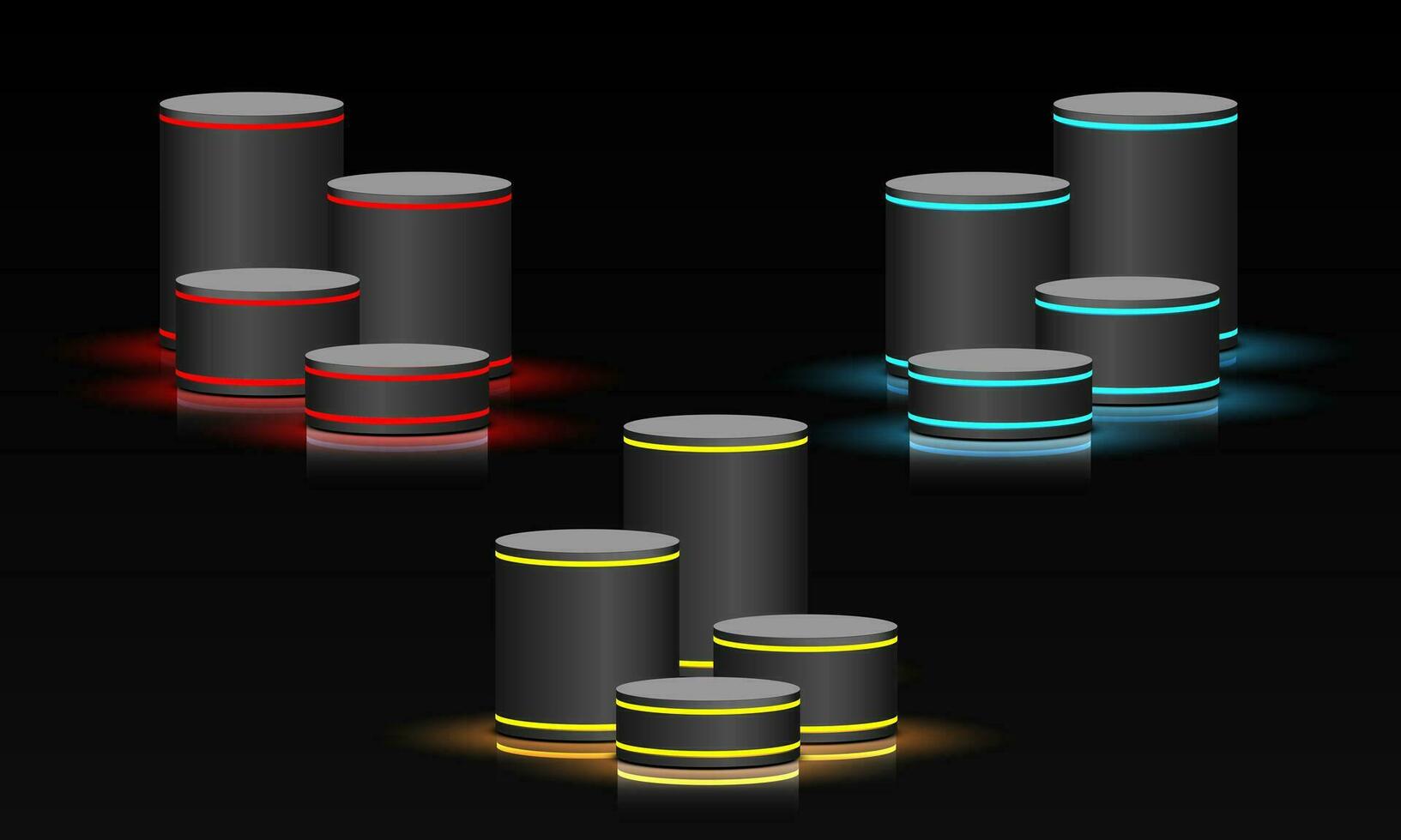 realistisch van podium grijs metalen rood blauw geel neon licht reeks verzameling voor Product tonen Aan zwart achtergrond vector
