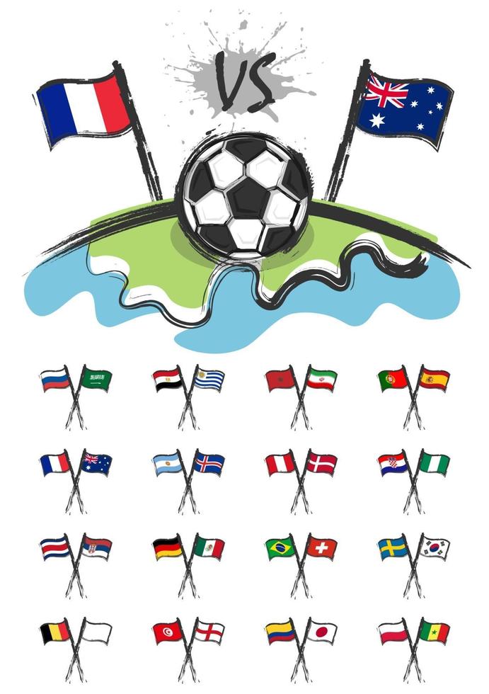 voetbal op de wereld met een set vlaggen van het nationale voetbalteam om deze afbeelding te bewerken. sportwedstrijdconcept. aquarel kunst kind schilderij plat ontwerp. vector voor internationale toernooibeker 2018.