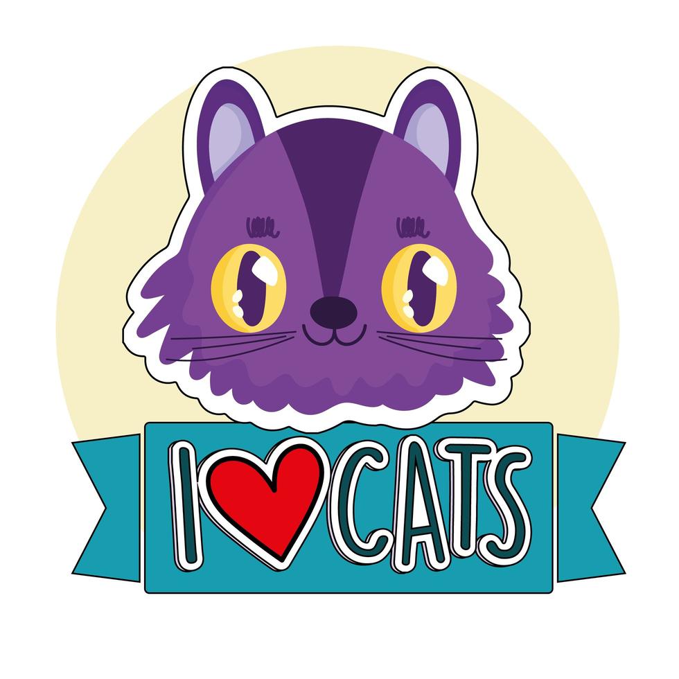 ik hou van katten, schattige kattengezicht katachtige cartoonsticker vector