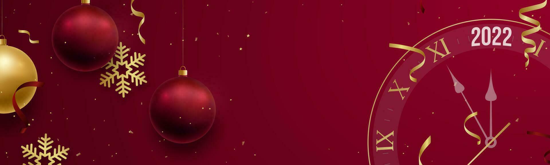 gelukkig nieuw jaar lang spandoek. feestelijk rood achtergrond met hangende goud en rood ballen. vector