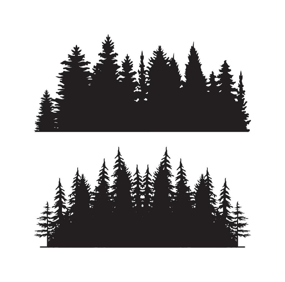 vintage bomen en bos silhouetten in zwart-wit stijl geïsoleerde vector illustratie