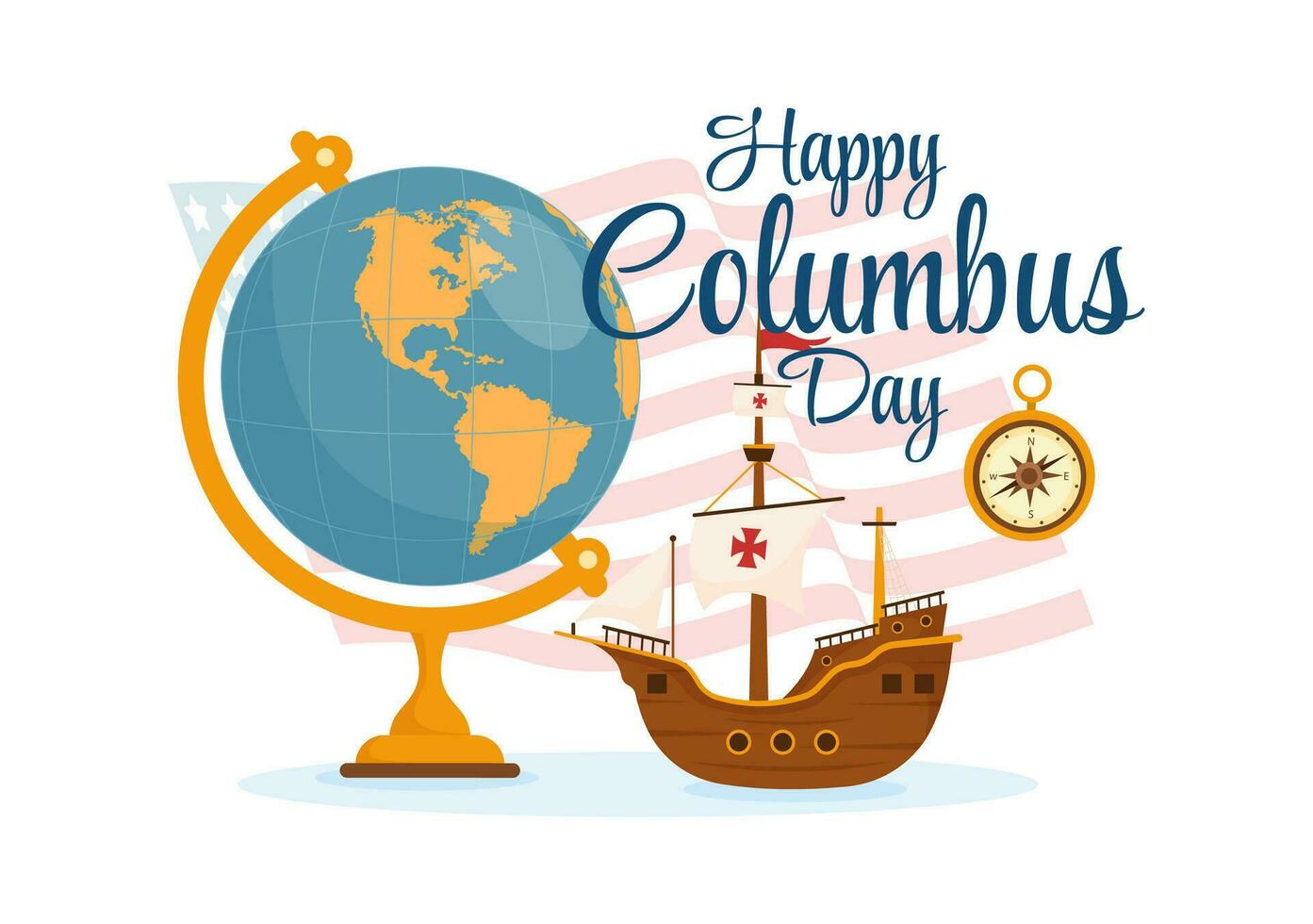 gelukkig Columbus dag vector illustratie van nationaal Verenigde Staten van Amerika vakantie met schip en Amerikaans vlag achtergrond in vlak tekenfilm hand- getrokken Sjablonen