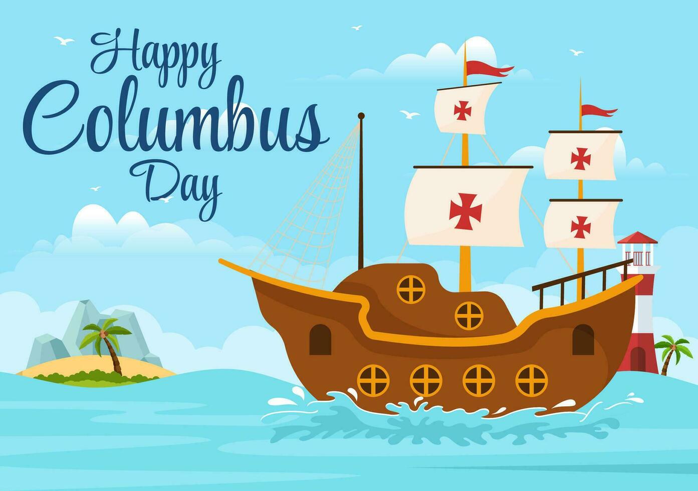 gelukkig Columbus dag vector illustratie van nationaal Verenigde Staten van Amerika vakantie met schip en Amerikaans vlag achtergrond in vlak tekenfilm hand- getrokken Sjablonen