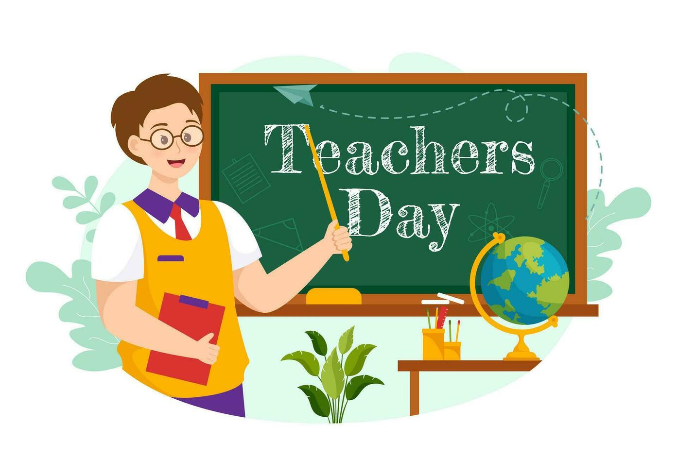 gelukkig leraar dag vector illustratie met school- uitrusting zo net zo schoolborden, potloden, Tassen, boeken en anderen in vlak tekenfilm achtergrond