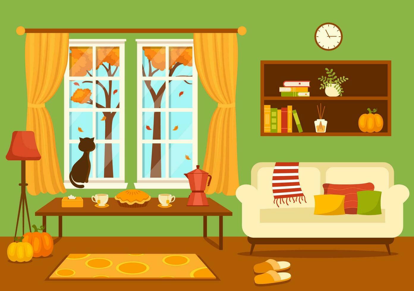 herfst knus huis decor vector illustratie met leven kamer interieur meubilair achtergrond elementen in vlak tekenfilm hand- getrokken Sjablonen