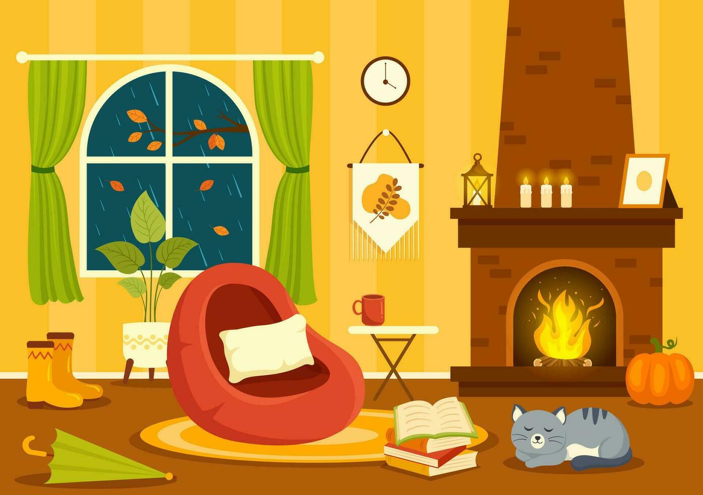 herfst knus huis decor vector illustratie met leven kamer interieur meubilair achtergrond elementen in vlak tekenfilm hand- getrokken Sjablonen