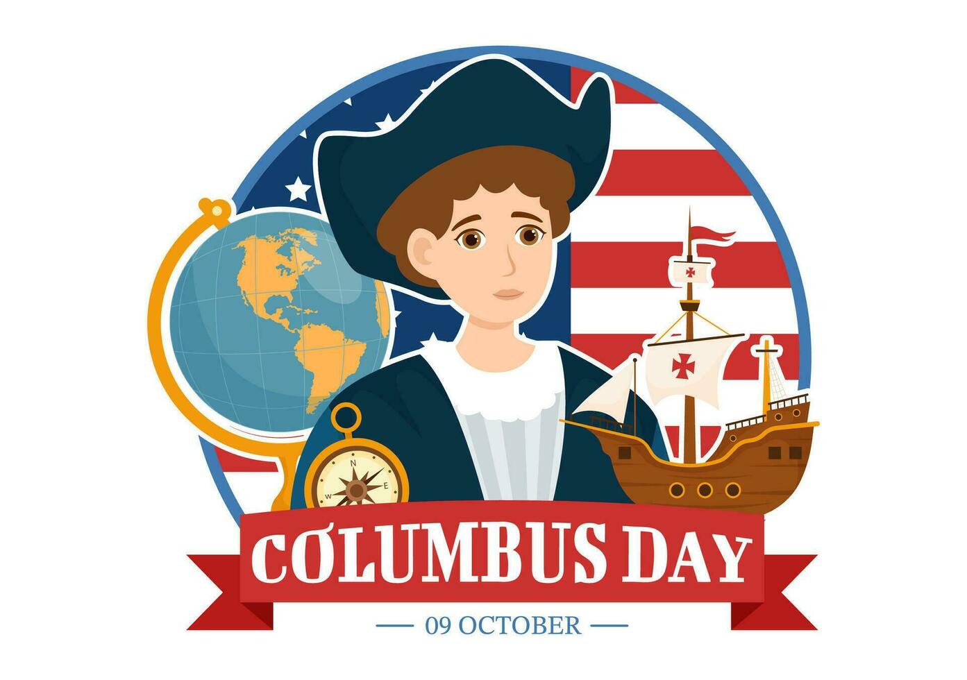 gelukkig Columbus dag vector illustratie van nationaal Verenigde Staten van Amerika vakantie met schip en Amerikaans vlag achtergrond in vlak tekenfilm hand- getrokken Sjablonen