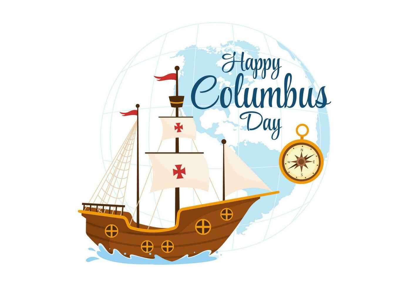 gelukkig Columbus dag vector illustratie van nationaal Verenigde Staten van Amerika vakantie met schip en Amerikaans vlag achtergrond in vlak tekenfilm hand- getrokken Sjablonen