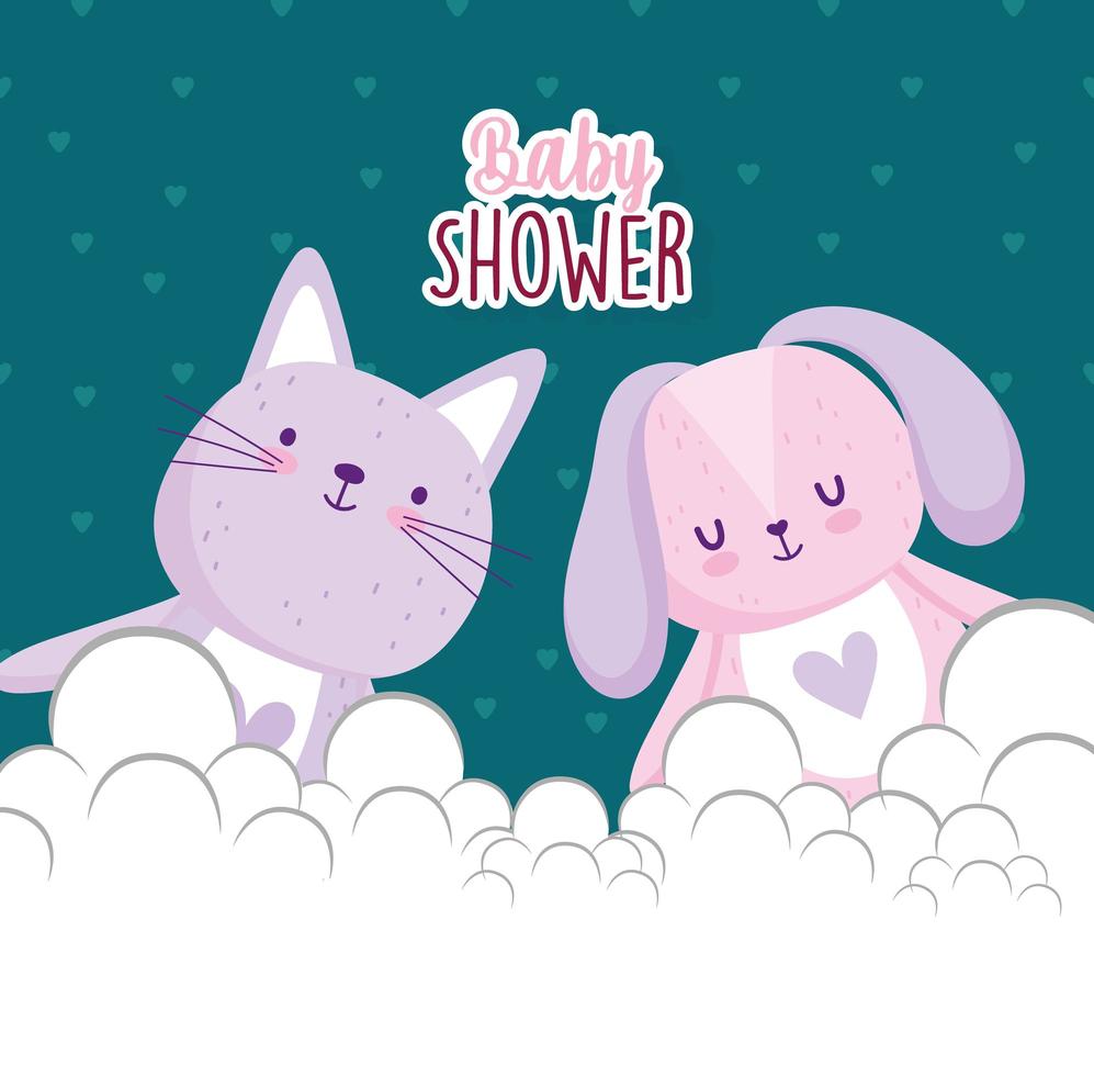 baby shower, schattige konijn en kat tekenfilm dieren kaart vector