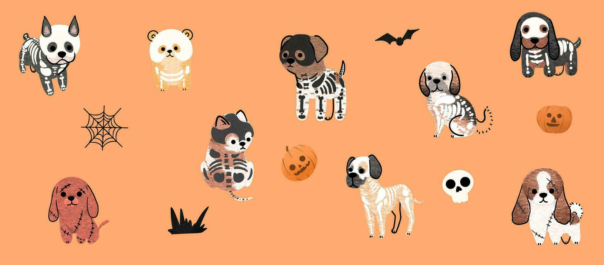 spookachtig poten' set, schattig halloween honden in vector. verschillend rassen don halloween charme. perfect voor creatief projecten vector