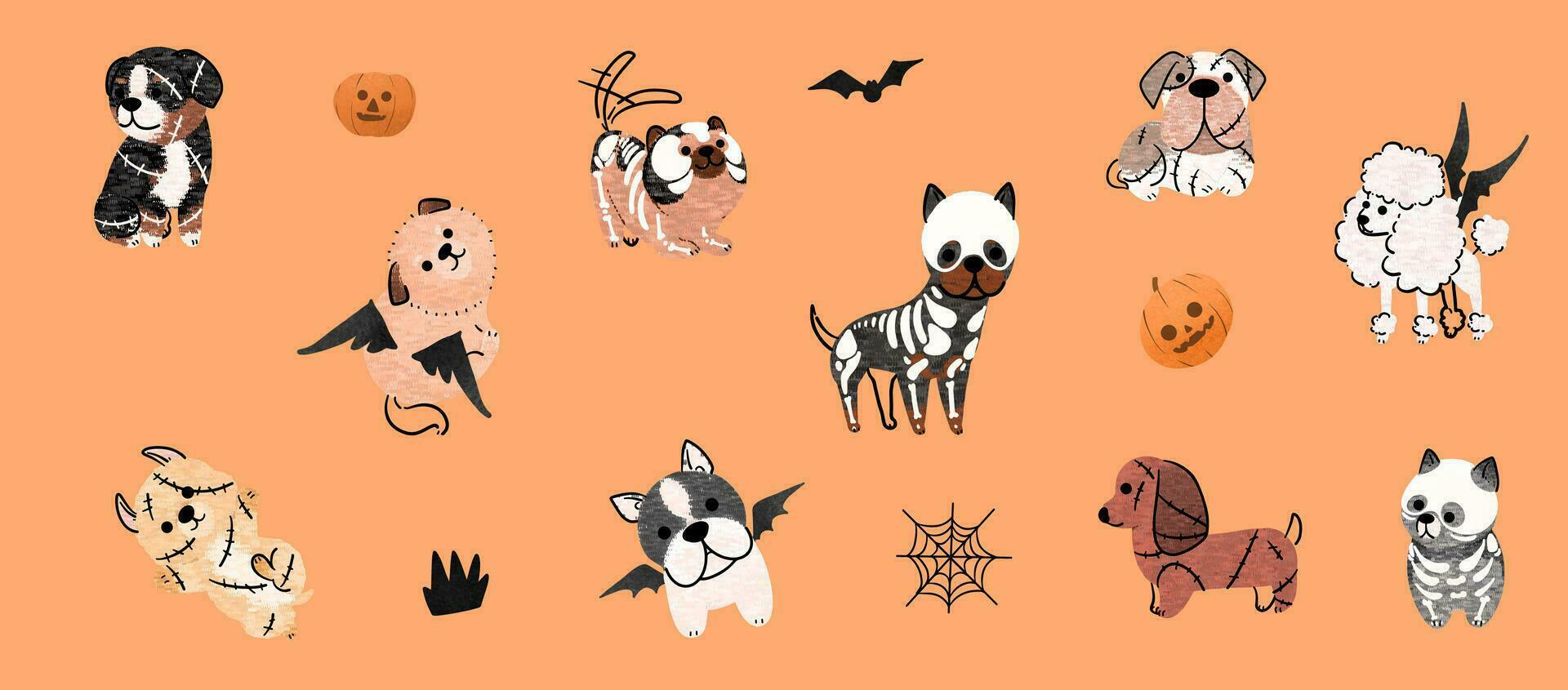 spookachtig poten' set, schattig halloween honden in vector. verschillend rassen don halloween charme. perfect voor creatief projecten vector