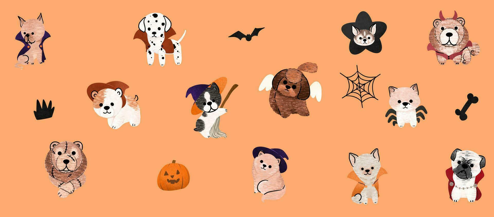 spookachtig poten' set, schattig halloween honden in vector. verschillend rassen don halloween charme. perfect voor creatief projecten vector