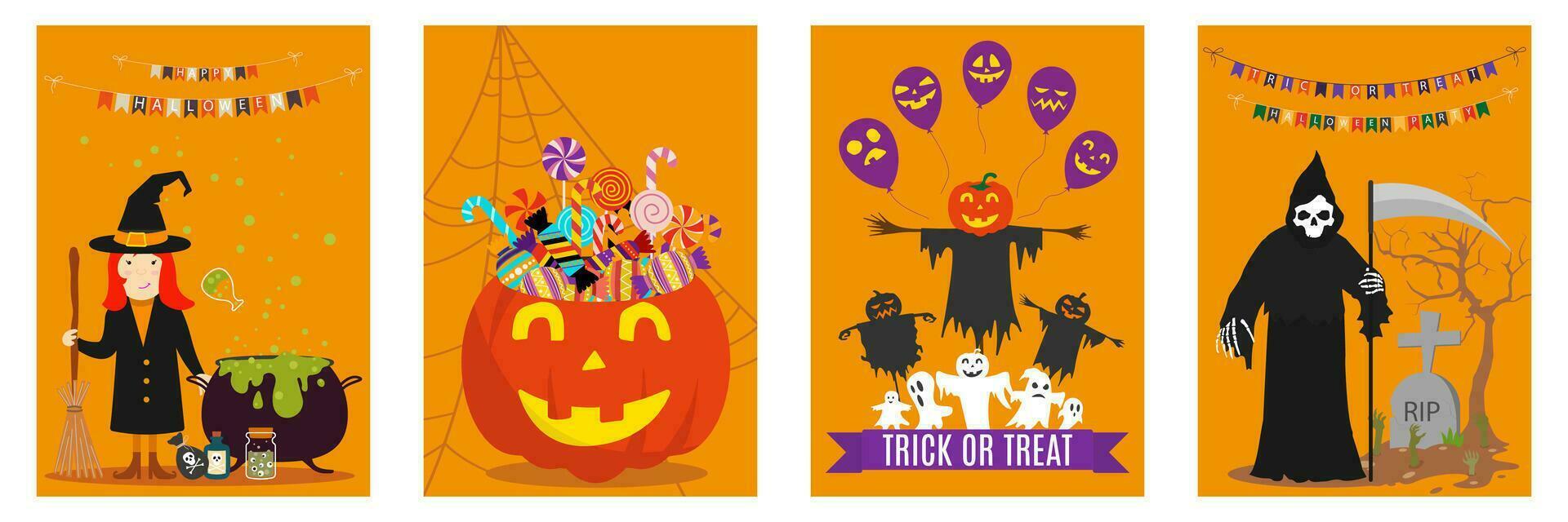 vector reeks van tekenfilm stijl halloween poster ontwerpen met halloween symbolen en kalligrafie. grappig halloween kaart. partij uitnodiging ontwerp. geel achtergrond truc of traktatie.