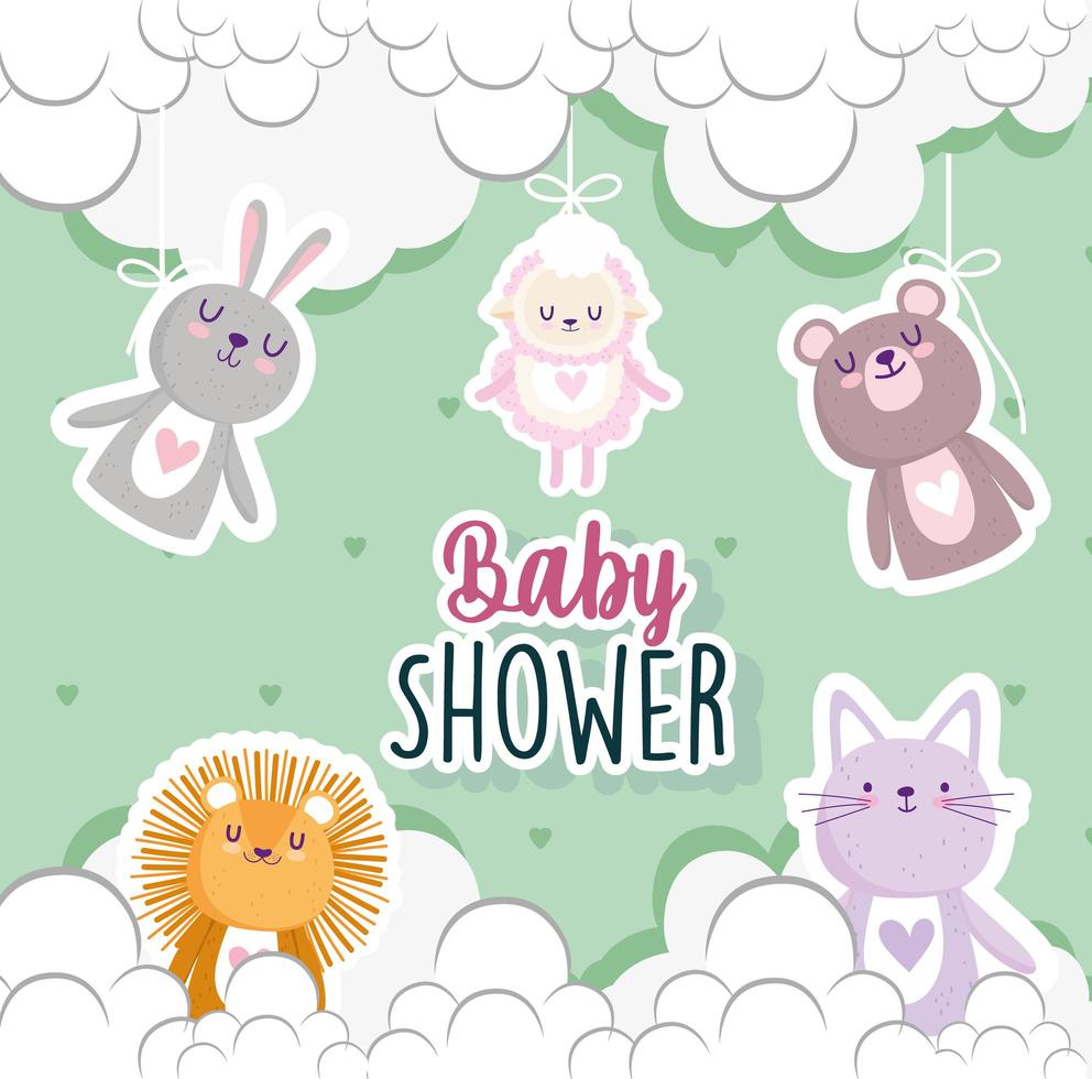 baby shower schattige kleine beer konijn leeuw en kat uitnodigingskaart vector