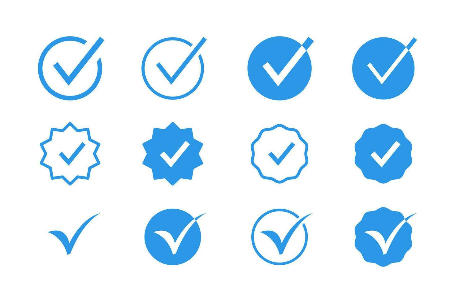 geverifieerd controleren Mark teken logo insigne icoon reeks met blauw kleur. controleren, aanvaarden, bevestigen, goedkeuren, origineel, garantie. vector