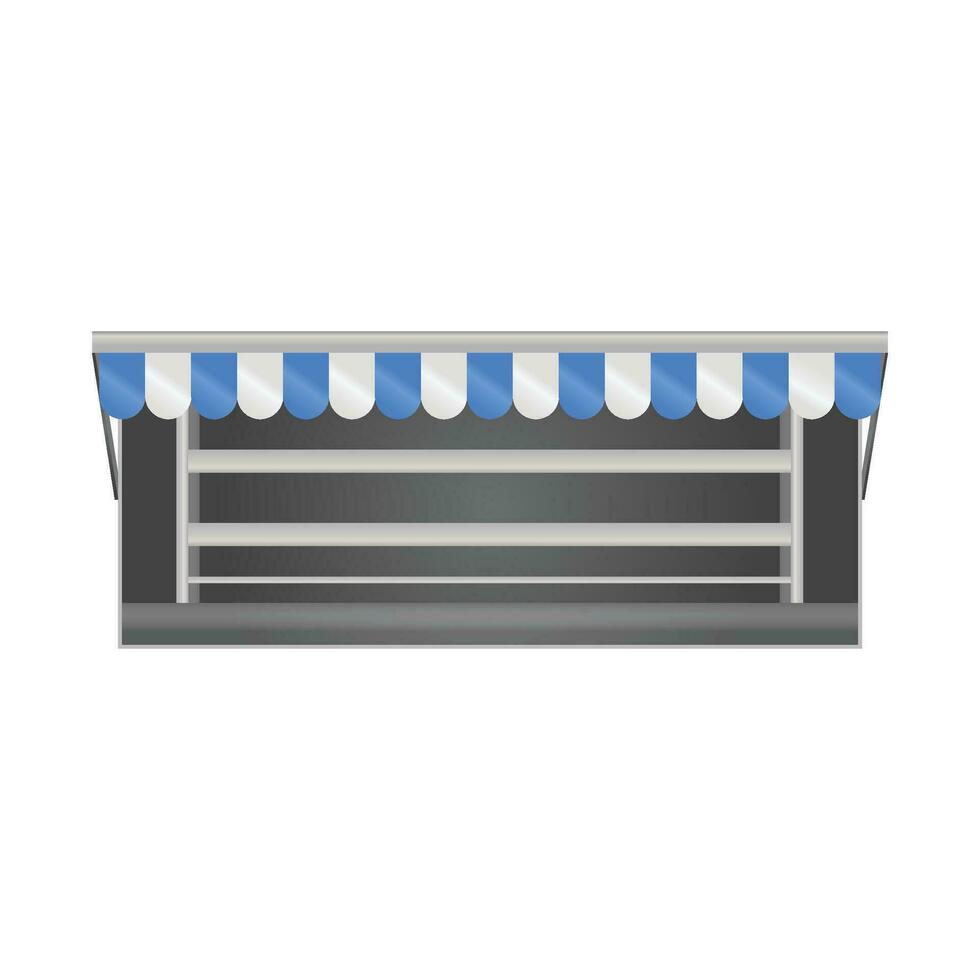 vector realistisch illustratie van markt kraam met blauw en wit gestreept luifel