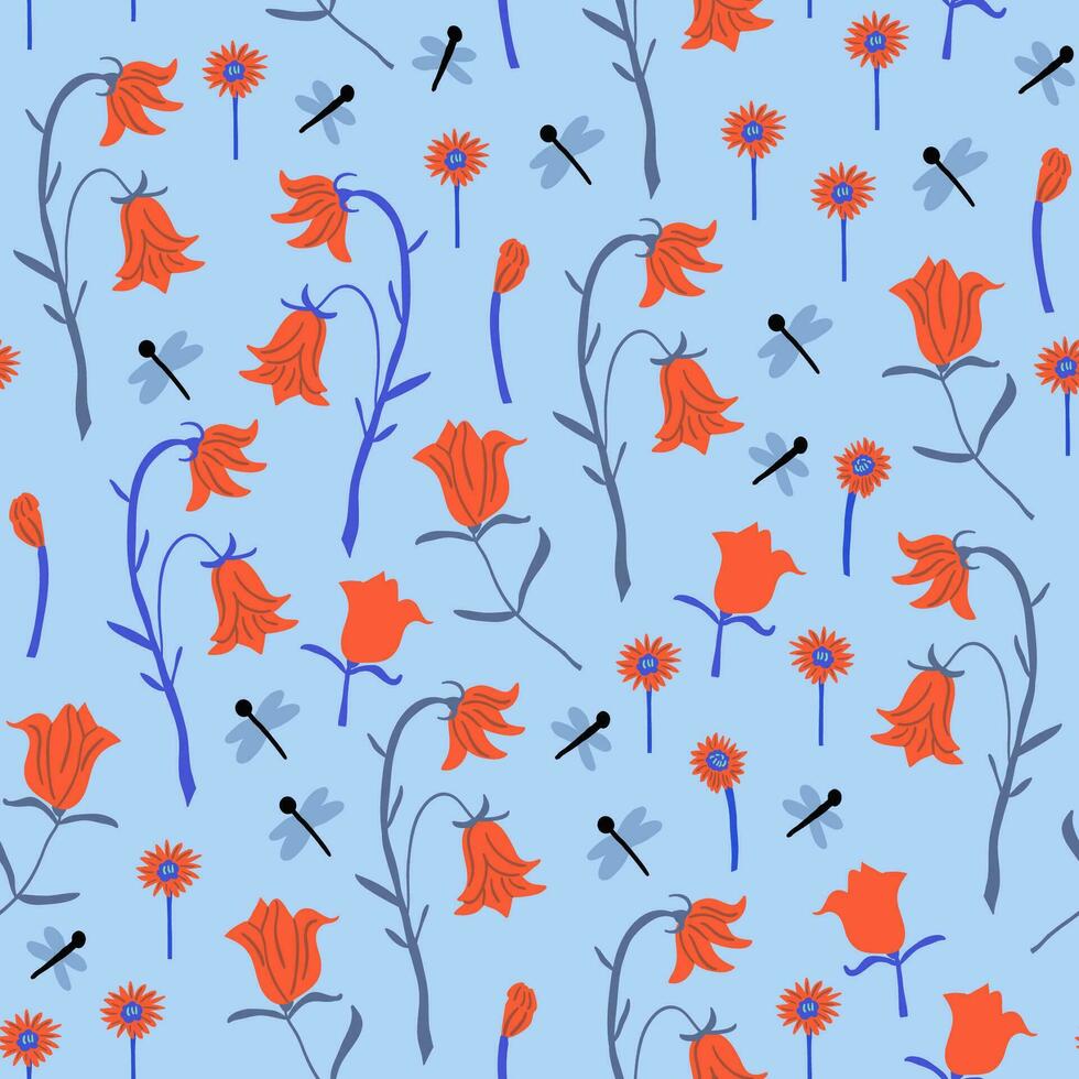 schattig patroon met hand- getrokken rood bloemen, hand- getrokken rozen, libellen, gemakkelijk bloemen Aan licht blauw. kinderen bloem patroon vector