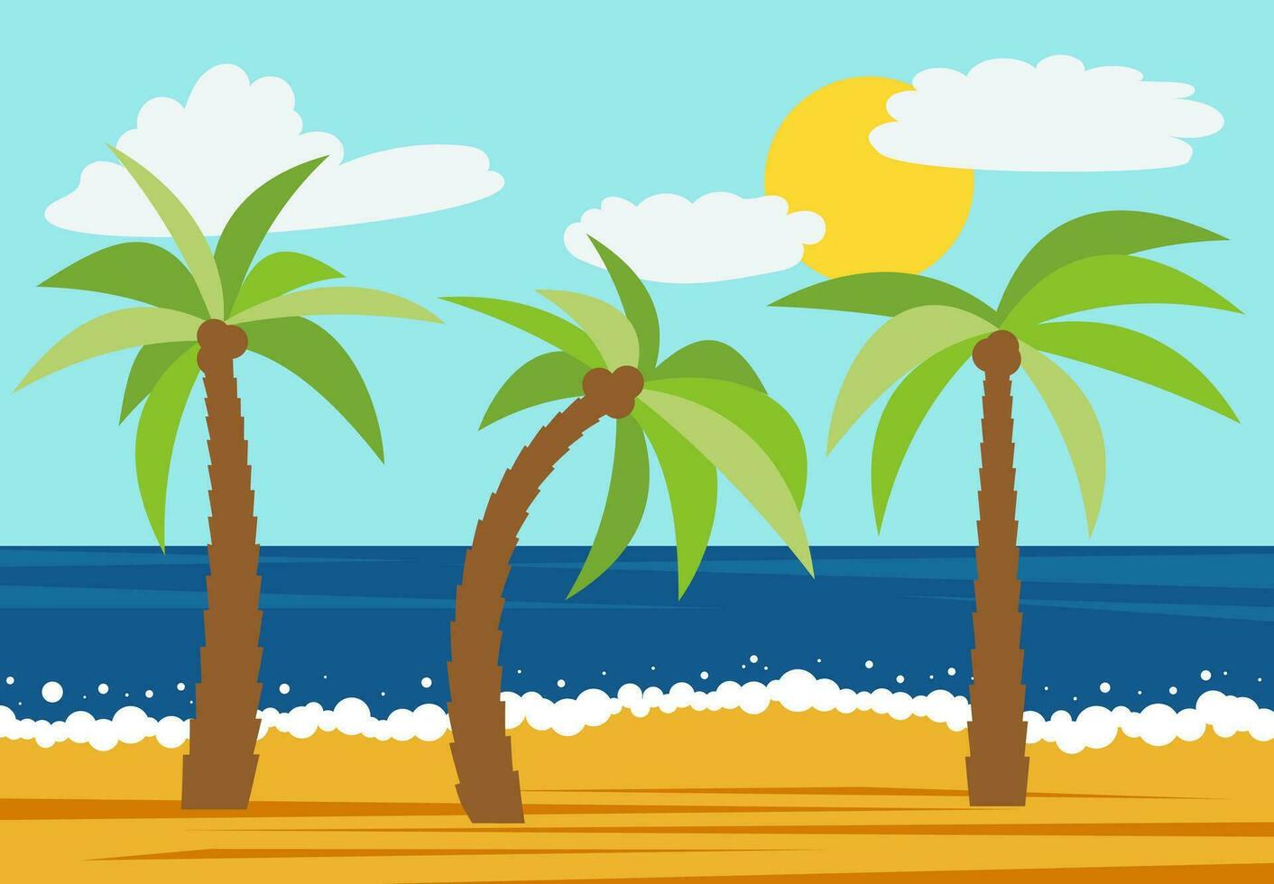 tekenfilm natuur landschap met drie palmen in de zomer strand. vector illustratie.