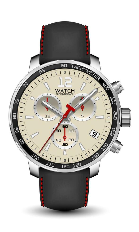realistisch kijk maar klok chronograaf zilver leer band zwart rood pijl Aan wit ontwerp klassiek luxe vector