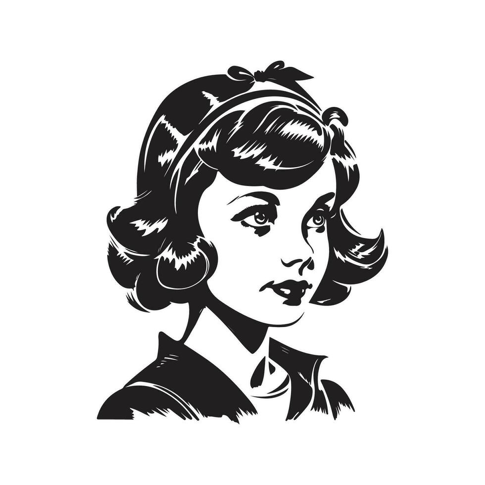 jong meisje, wijnoogst logo lijn kunst concept zwart en wit kleur, hand- getrokken illustratie vector