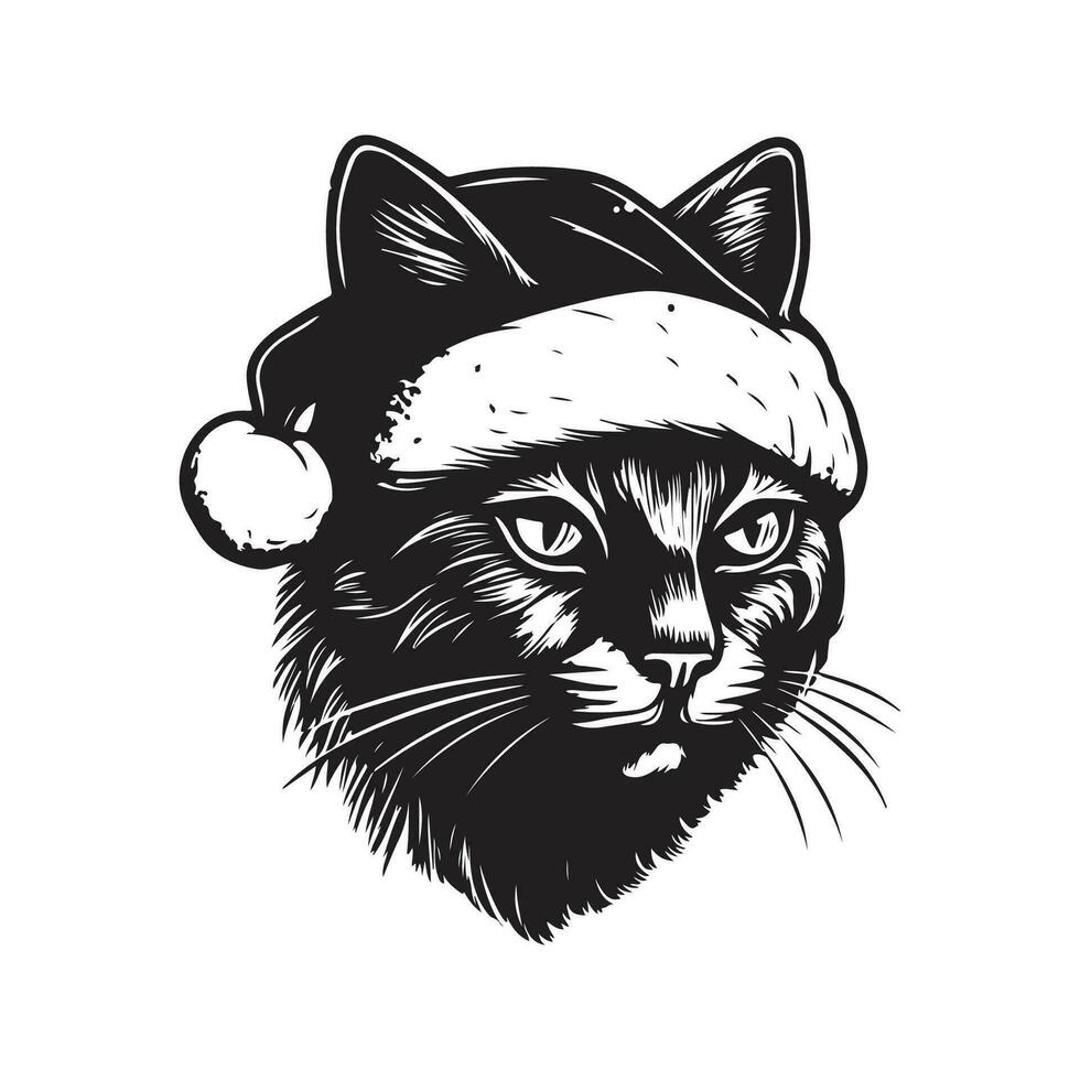 kat Kerstmis hoofd, wijnoogst logo lijn kunst concept zwart en wit kleur, hand- getrokken illustratie vector