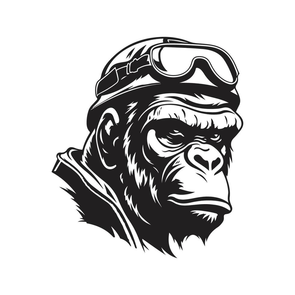 gorilla soldaat, wijnoogst logo lijn kunst concept zwart en wit kleur, hand- getrokken illustratie vector