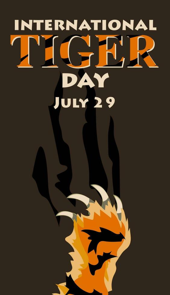 Internationale tijger dag Aan juli 29. een reusachtig gestreept tijger poot krassen de bruin achtergrond. geschikt voor het drukken Aan ansichtkaarten, spandoeken, flyers. tijger klauw merken, gekrast kleding stof vector