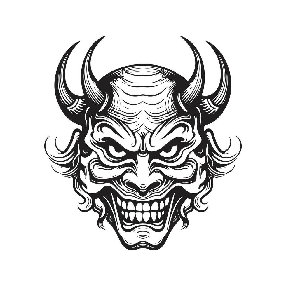 hannya Japans theater masker, wijnoogst logo lijn kunst concept zwart en wit kleur, hand- getrokken illustratie vector