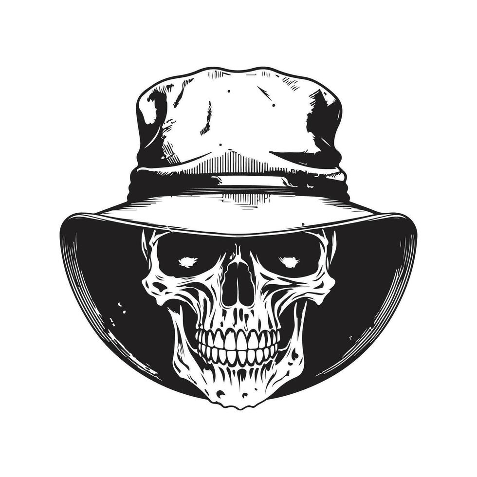 schedel in emmer hoed, wijnoogst logo lijn kunst concept zwart en wit kleur, hand- getrokken illustratie vector