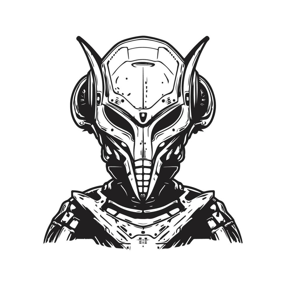 strijd buitenaards wezen cybernetisch, wijnoogst logo lijn kunst concept zwart en wit kleur, hand- getrokken illustratie vector