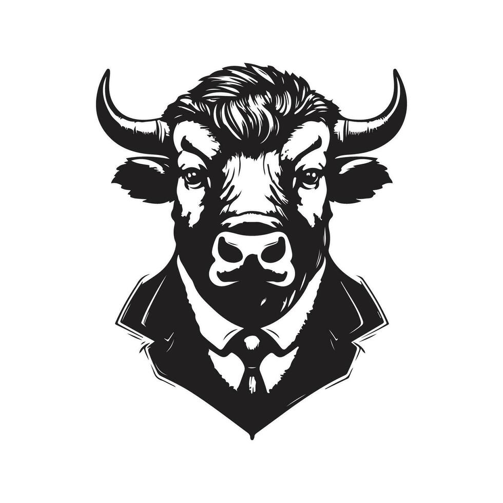 buffel zakenman, wijnoogst logo lijn kunst concept zwart en wit kleur, hand- getrokken illustratie vector