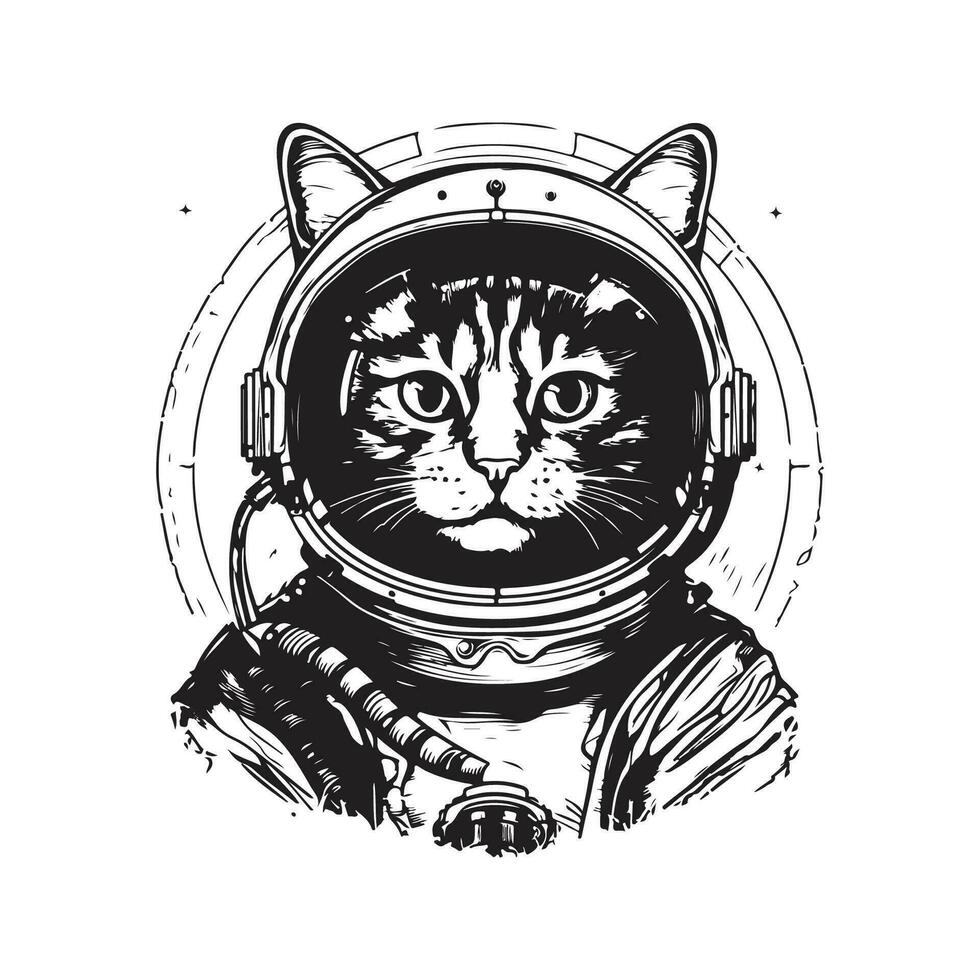 kat astronaut, wijnoogst logo lijn kunst concept zwart en wit kleur, hand- getrokken illustratie vector