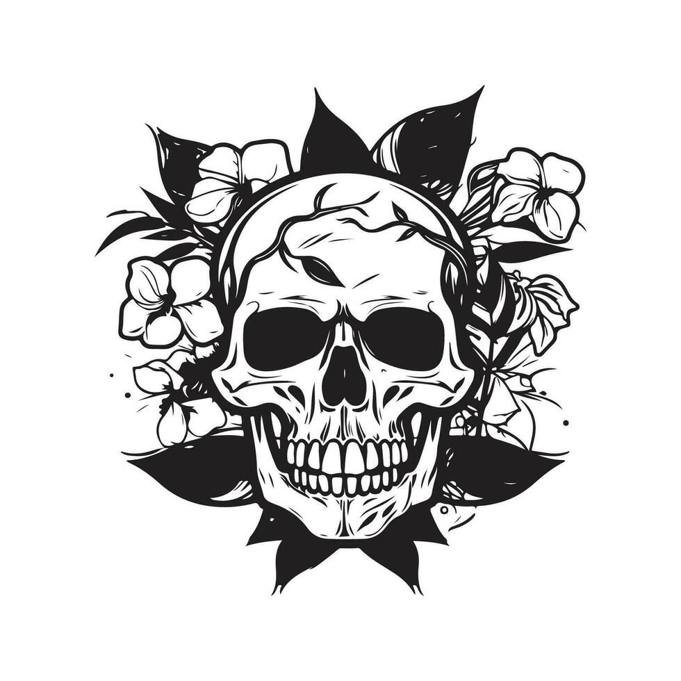 schedel hoofd met bloemen, wijnoogst logo lijn kunst concept zwart en wit kleur, hand- getrokken illustratie vector