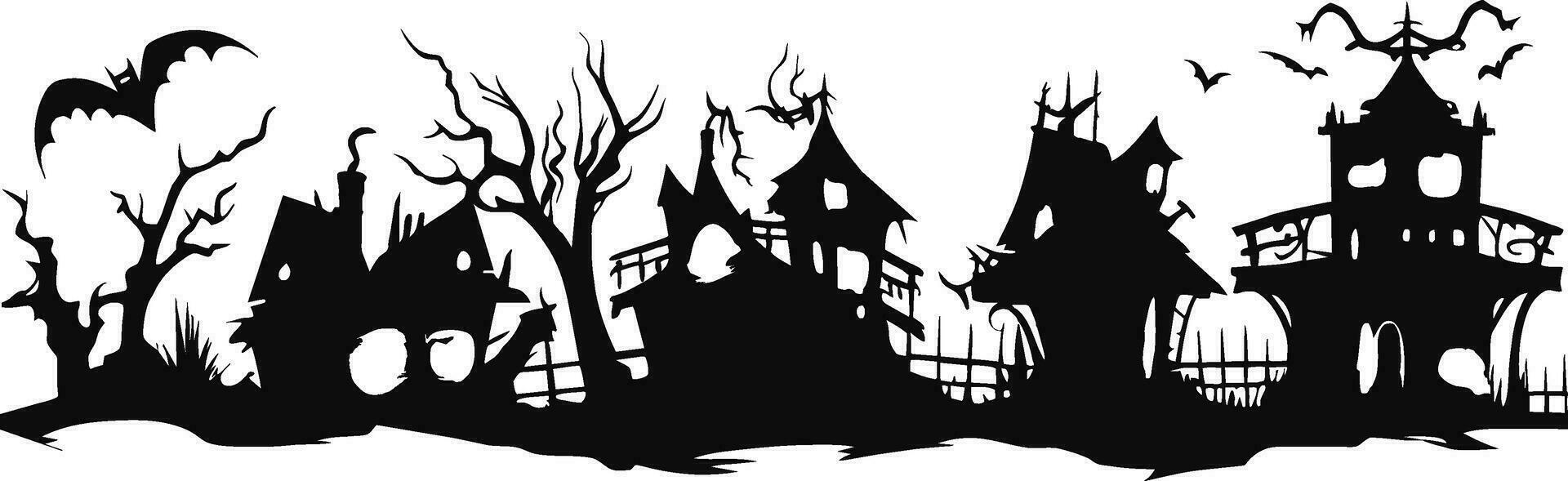 halloween huizen. griezelig dorp. zwart silhouetten van huizen en bomen Aan een wit achtergrond. vector illustratie.