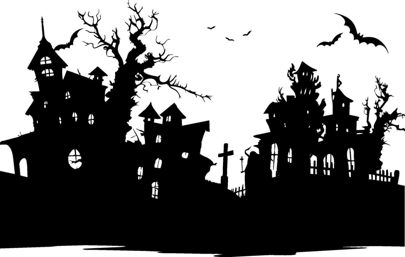 klein tekenfilm stad- silhouet huizen bomen zwart en wit. vector illustratie met fee stad- silhouet. halloween dorpelingen silhouet vector illustratie.