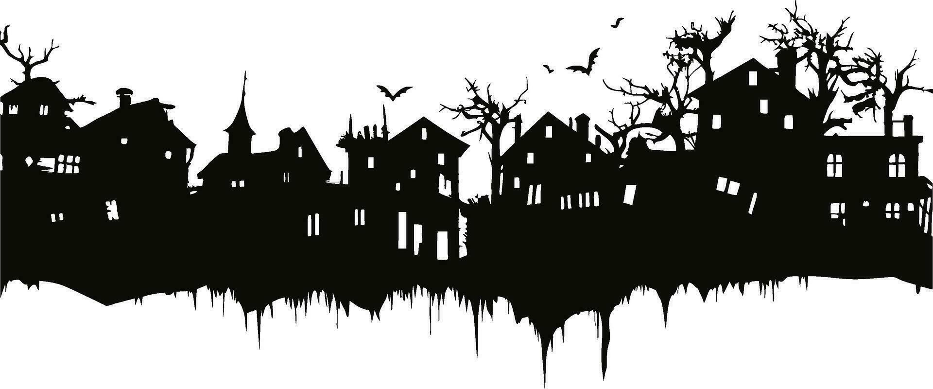 halloween huizen. griezelig dorp. zwart silhouetten van huizen en bomen Aan een wit achtergrond. vector illustratie.