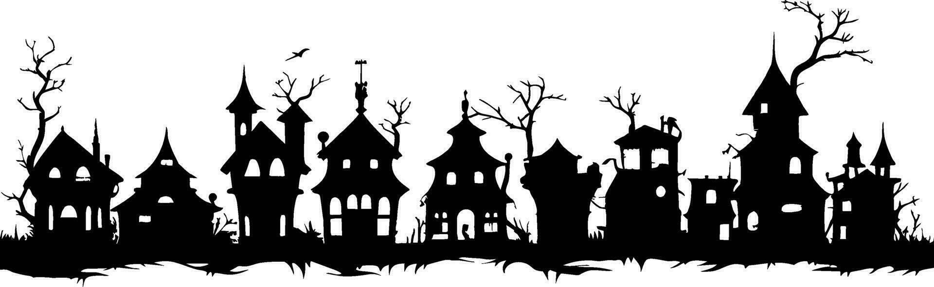 halloween huizen en bomen Aan wit achtergrond van zwart silhouetten stijl. achtervolgd huizen of spookachtig dorp voor achtergrond, banier en kop. vector illustratie voor halloween concept