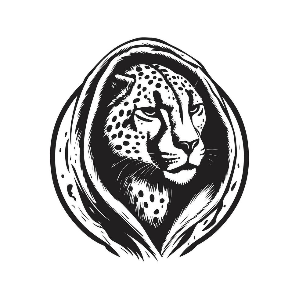 Jachtluipaard vervelend capuchon, wijnoogst logo lijn kunst concept zwart en wit kleur, hand- getrokken illustratie vector