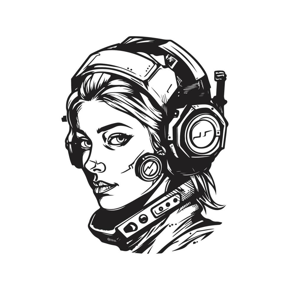cyborg meisje, wijnoogst logo lijn kunst concept zwart en wit kleur, hand- getrokken illustratie vector