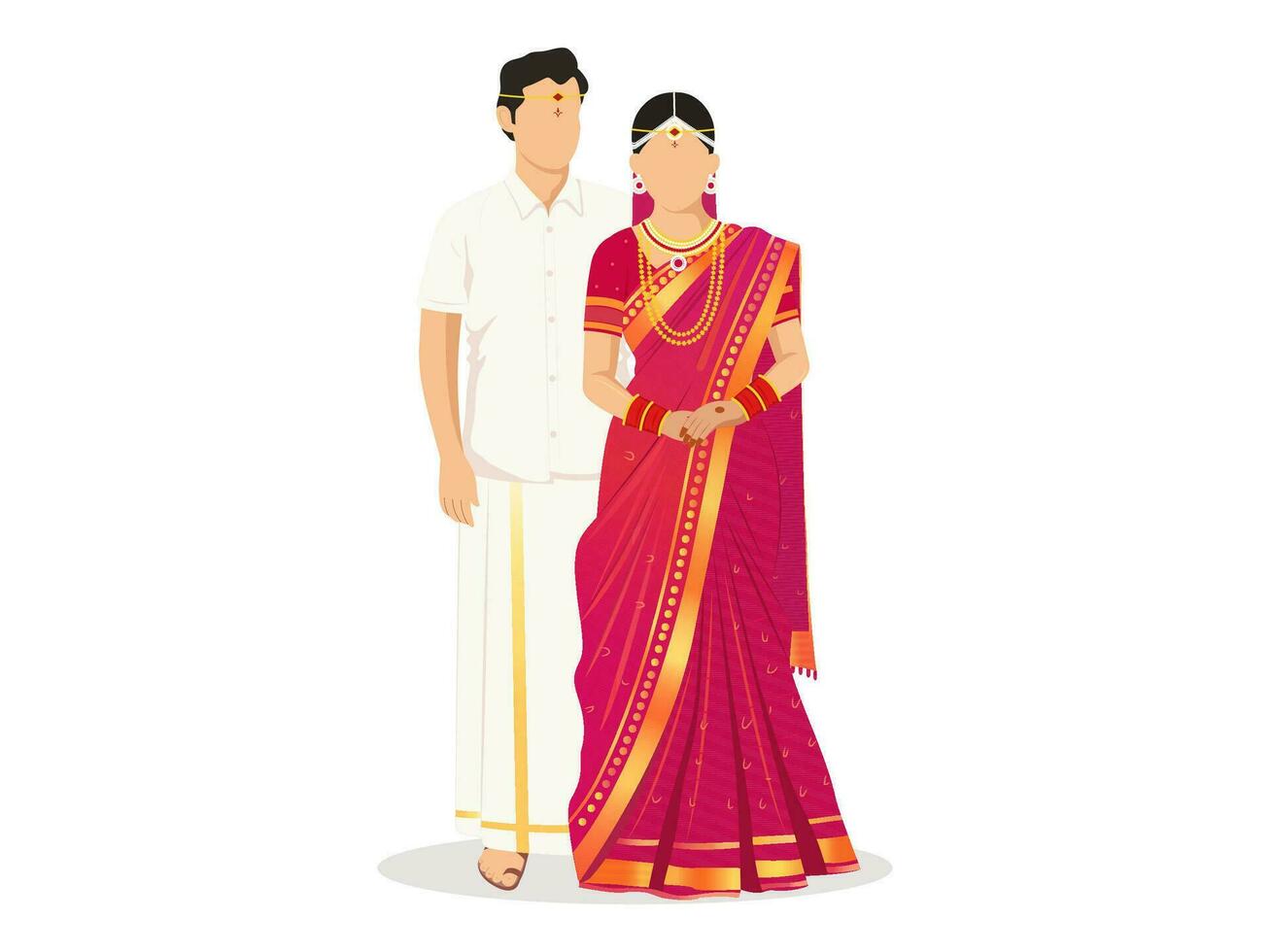 gezichtsloos zuiden Indisch bruiloft paar karakter staand in Saree en veshti volgens naar hun cultuur. vector