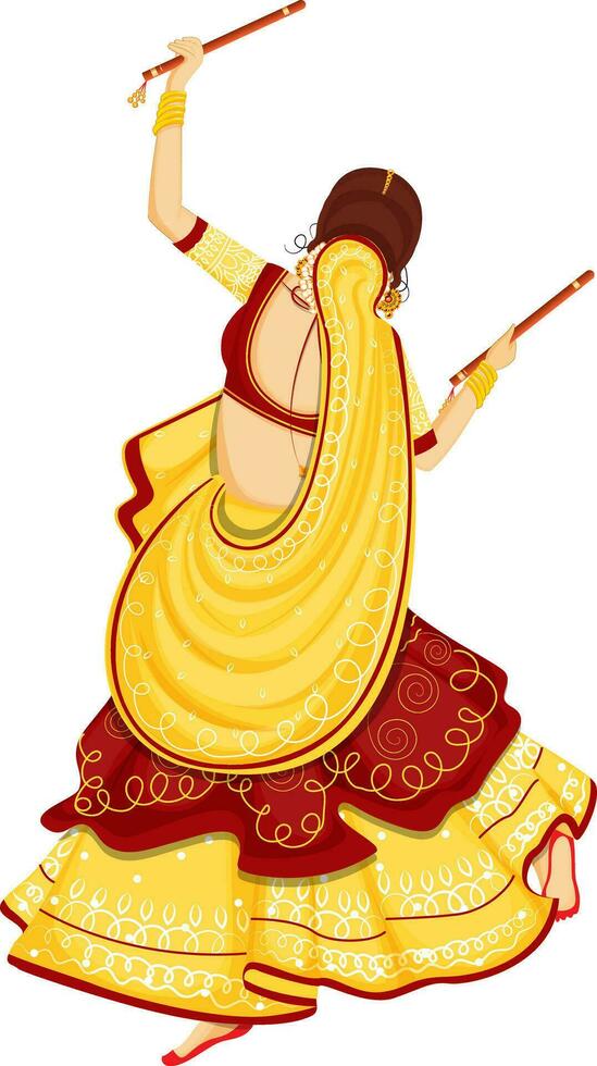 terug visie van Indisch vrouw dansen met dandiya stok. vector