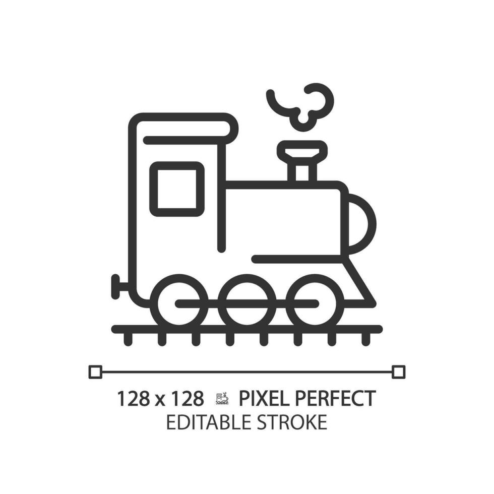 stoom- locomotief pixel perfect lineair icoon. het spoor voertuig. retro trein. spoorweg vervoer. industrieel revolutie. dun lijn illustratie. contour symbool. vector schets tekening. bewerkbare beroerte