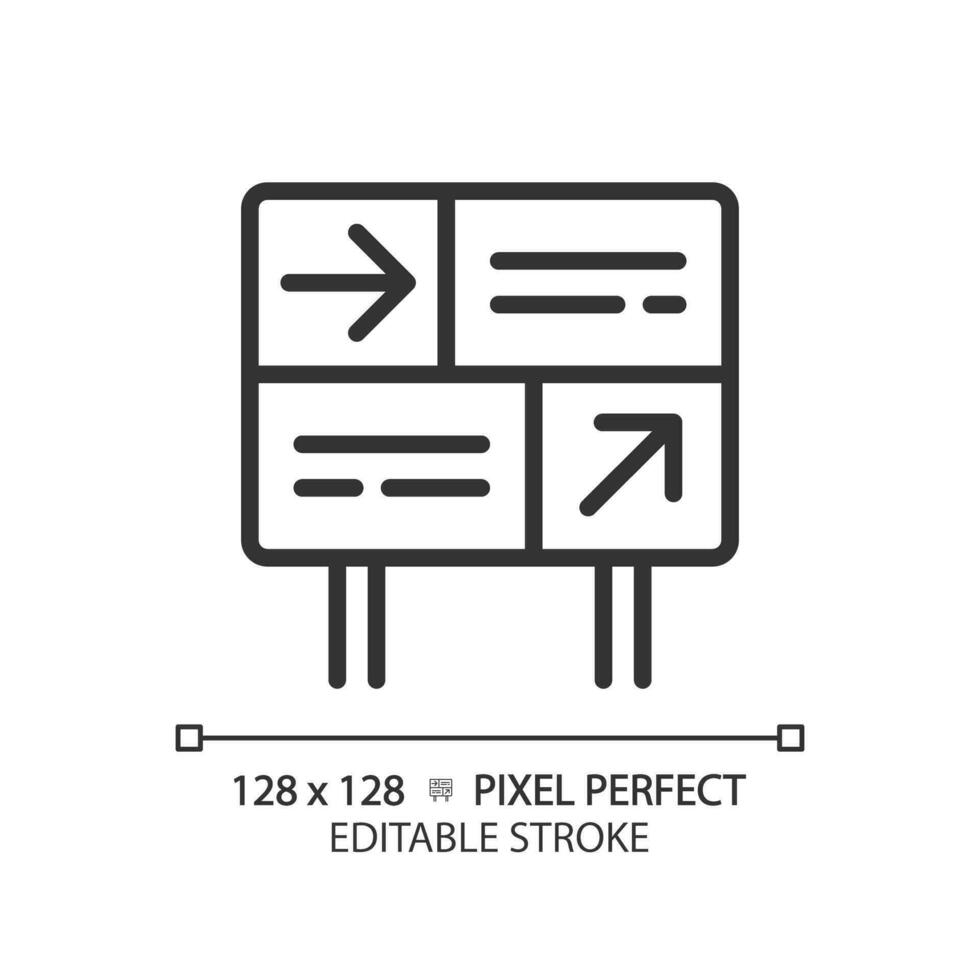 directioneel teken pixel perfect lineair icoon. trein station. navigatie systeem. spoorweg platform. manier vinden. dun lijn illustratie. contour symbool. vector schets tekening. bewerkbare beroerte