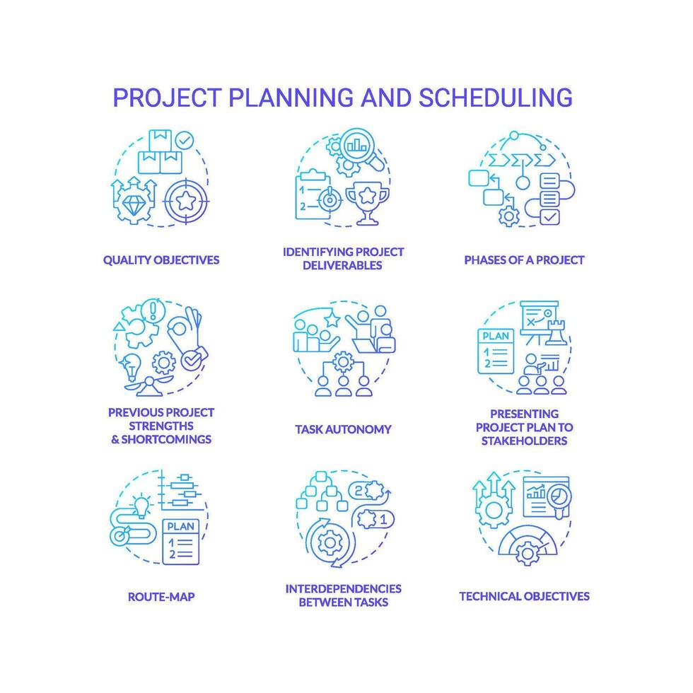 project planning en het roosteren blauw helling concept pictogrammen set. bedrijf verbetering idee dun lijn kleur illustraties. geïsoleerd symbolen vector