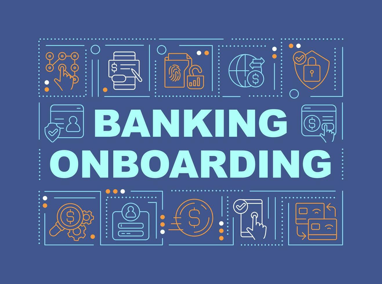 bank onboarding woord concepten donker blauw spandoek. financieel Diensten. infographics met bewerkbare pictogrammen Aan kleur achtergrond. geïsoleerd typografie. vector illustratie met tekst