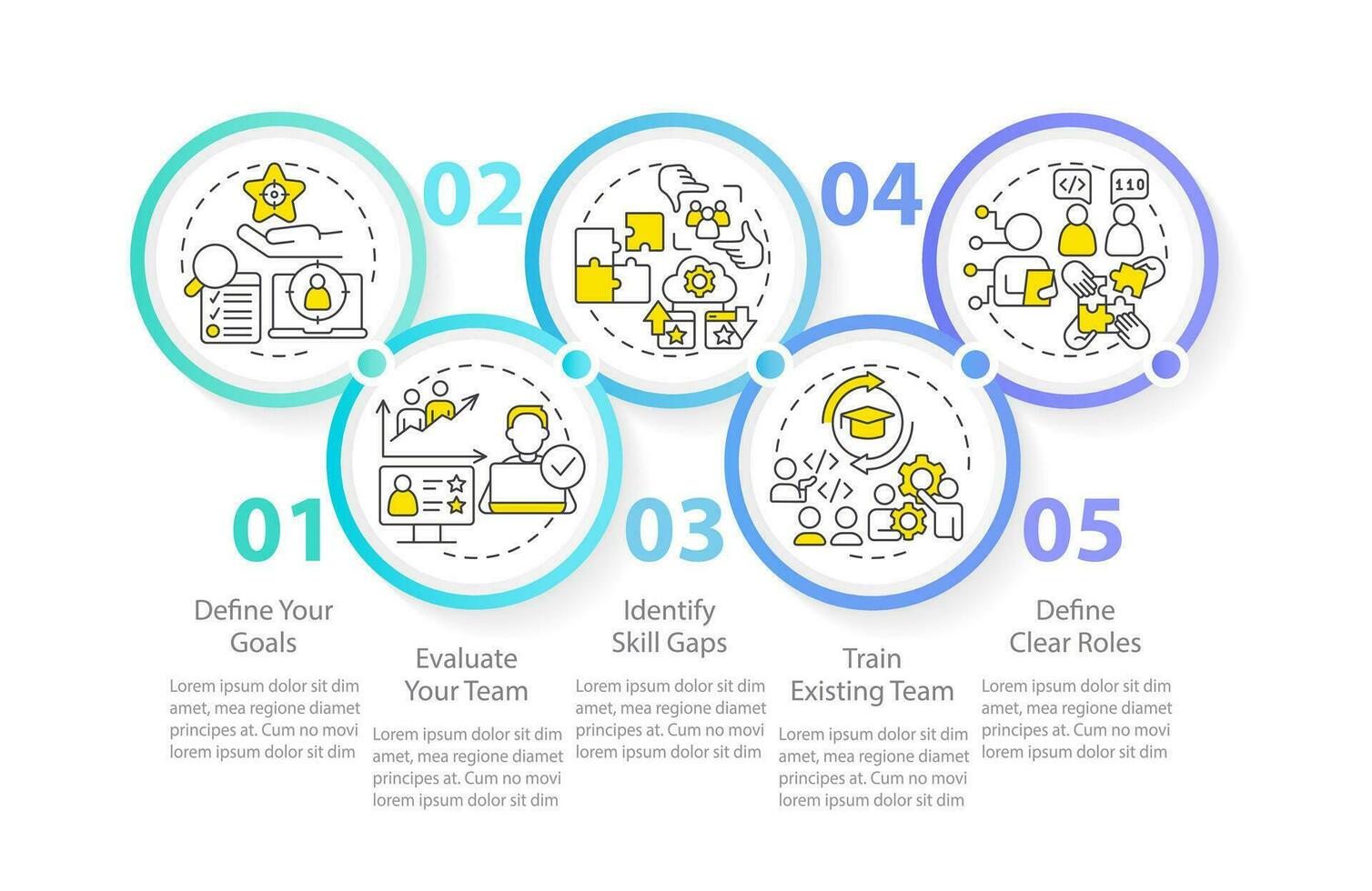 het personeel tips blauw cirkel infographic sjabloon. in dienst nemen werkwijze. gegevens visualisatie met 5 stappen. bewerkbare tijdlijn info grafiek. workflow lay-out met lijn pictogrammen vector