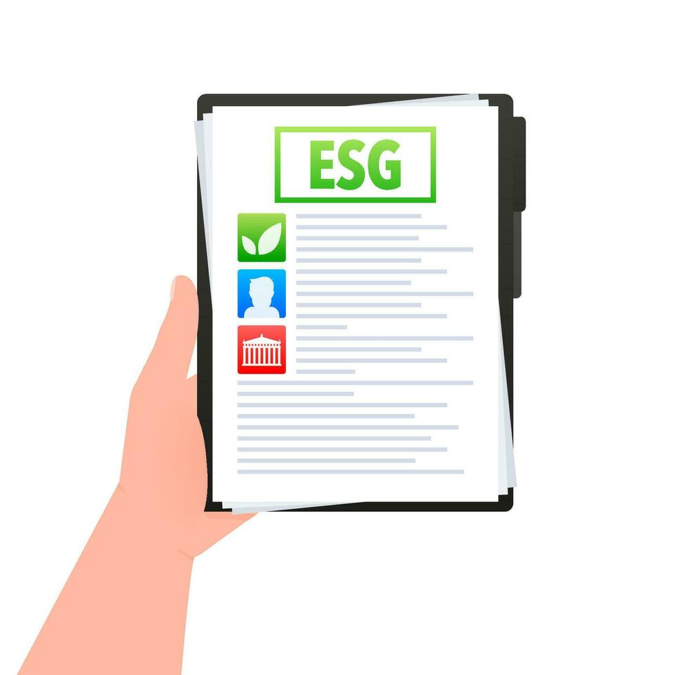 esg - milieu, sociaal, en zakelijke bestuur in de hand- document het dossier vector