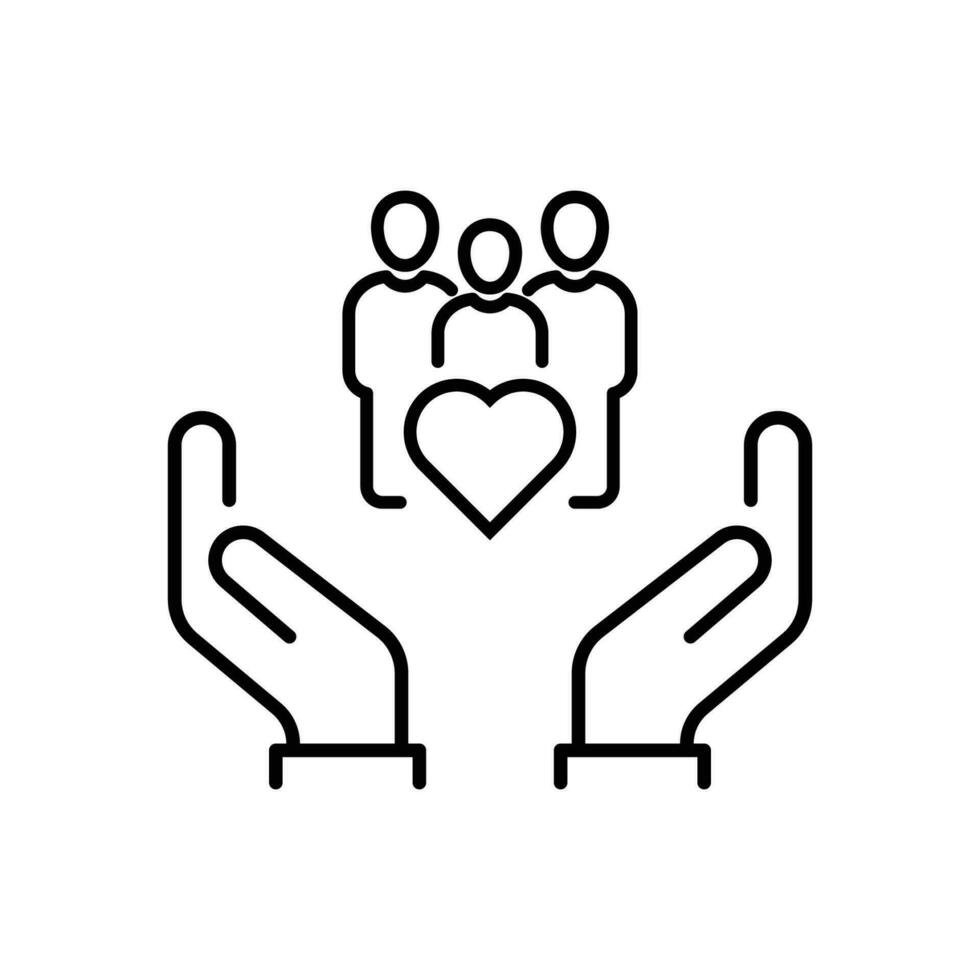 hand- met hart gemeenschap, icoon, concept empathie of liefdadigheid, solidariteit liefde, zorg mensen, vrijwilliger steun, dun lijn symbool Aan wit achtergrond - bewerkbare beroerte vector illustratie eps10