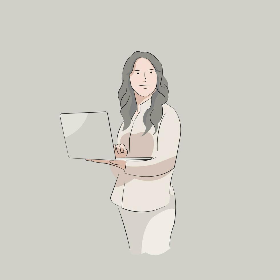 vrouw kantoor arbeider staand houding Holding laptop en glimlachen met vertrouwen vector