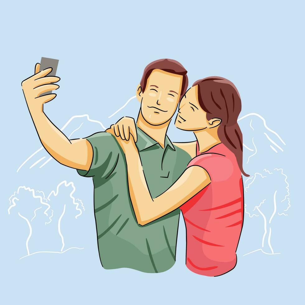 paar genieten tijd buitenshuis nemen selfie afbeelding vector